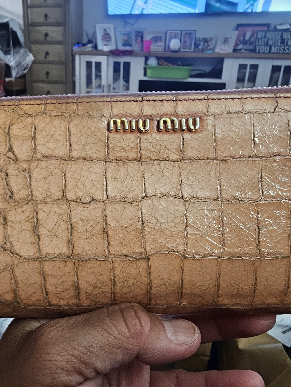 Miu Miu Croc-Embossed Leather Wallet in Tan